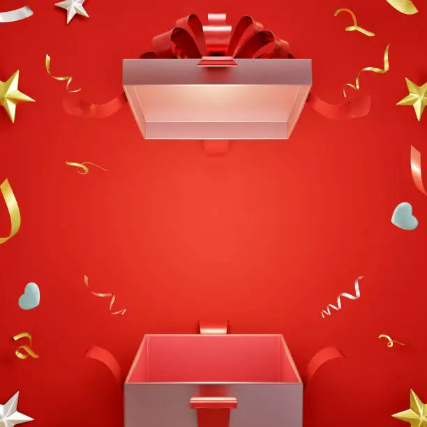 Surprise open gift box On red background during Christmas and New Year festival, 3d rendering.