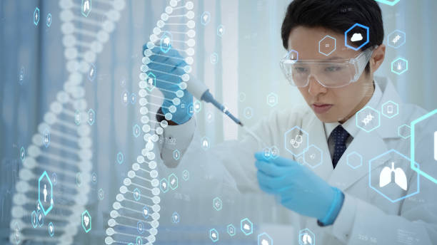 concept de thérapie génique. technologie médicale. medtech. - genetic research men substances analyzing photos et images de collection