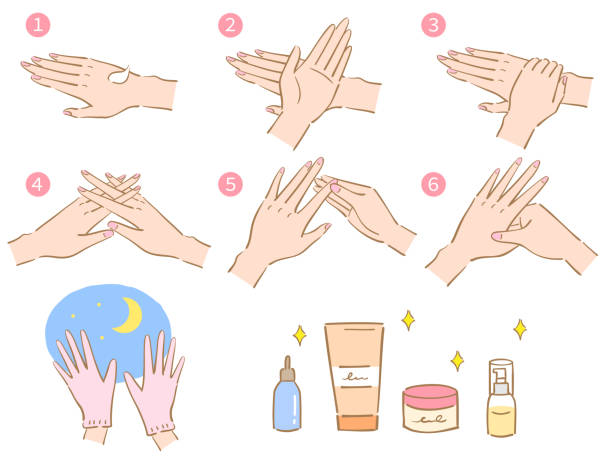 Hand care concept. applying moisturizer on hands. Health and beauty concept hand care and healthy treatment illustration. woman’s beauty hand. Isolated on white background massaging illustrations stock illustrations