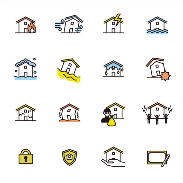 stockillustraties, clipart, cartoons en iconen met eenvoudige pictogramset: brandverzekering en aardbevingsverzekering - tyfoon