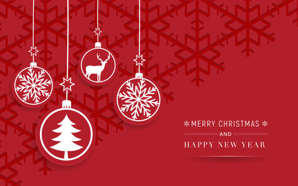 frohes neues jahr rote feier karte - weihnachtskugel stock-grafiken, -clipart, -cartoons und -symbole
