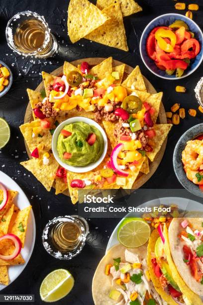 Mexican Food Various Dishes Overhead Shot On A Black Background Stock Photo - Download Image Now