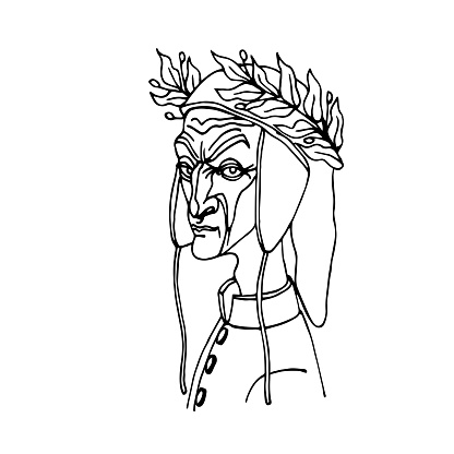 the head of the famous Italian poet Dante Alighieri in a medieval cap & laurel wreath, caricature, vector illustration with black ink contour lines isolated on a white background in a hand drawn style