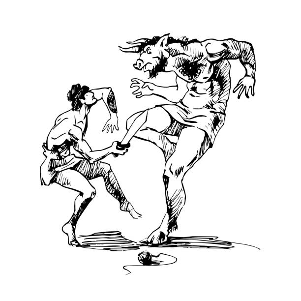 myths of Ancient Greece, the battle of Theseus and the Minotaur, the monster from the labyrinth, sketch myths of Ancient Greece, the battle of Theseus and the Minotaur, the monster from the labyrinth, sketch, vector illustration isolated on a white background with black ink lines in a hand drawn style crete cartoon stock illustrations
