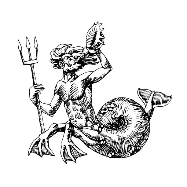 triton, ein antiker griechischer gott der tiefsee mit einem trident, zum tauchen logo oder emblem, gravur, skizze - triton stock-grafiken, -clipart, -cartoons und -symbole