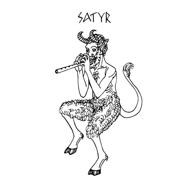 satyr ancient greek deity of forests, a mythological character, ornament element satyr ancient greek deity of forests, a mythological character, ornament element, vector illustration with black ink lines isolated on a white background in a doodle & hand drawn style satan goat stock illustrations