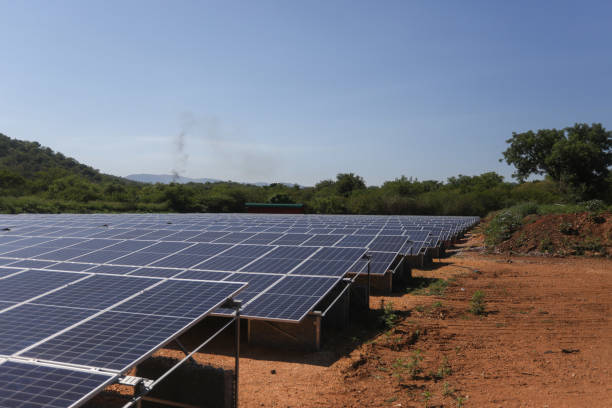Solar panels in the African bush. stock photo