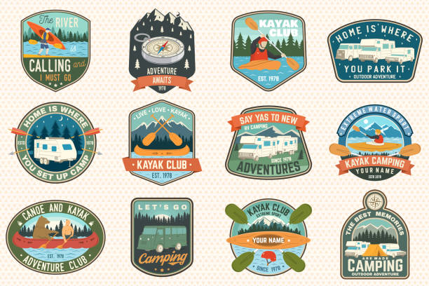 Set of summer camp, canoe and kayak club badges. Vector. For patch. Design with camping, mountain, river, american indian and kayaker silhouette. Extreme camp and water sport kayak patches Set of summer camp, canoe and kayak club badges. Vector. For patch, stamp. Design with camping, mountain, river, american indian and kayaker silhouette. Extreme camp and water sport kayak patches camping patterns stock illustrations