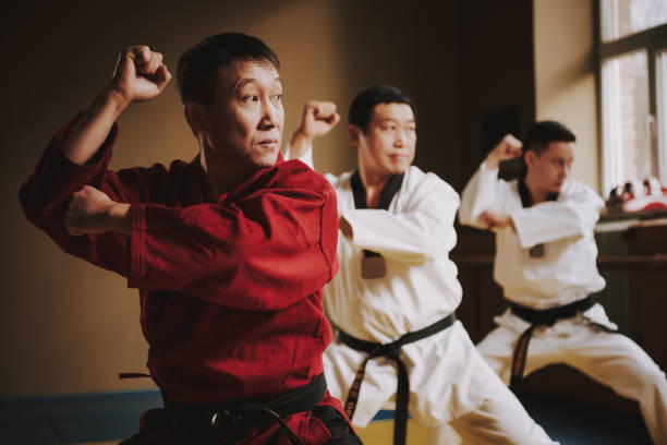 istock Sensei and two martial arts students doing fight moves together. 1291154215