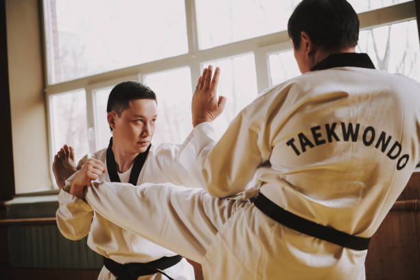 Two martial arts students in white keikogi sparring together. Two martial arts students in white keikogi with black belts sparring together. taekwondo photos stock pictures, royalty-free photos & images