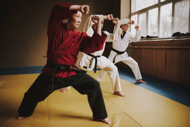 Sensei and two martial arts students with black belts training together.