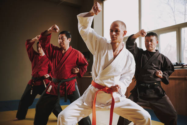 istock Martial arts fighters in different colors keikogi doing stances together. 1291154320