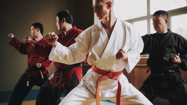 istock Martial arts fighters in different colors keikogi doing fight stances. 1291154322