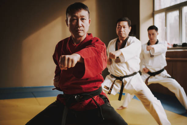 istock Sensei and two martial arts students doing stances together. 1291154342