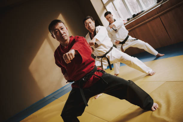 istock Sensei and two martial arts students doing fight moves together. 1291154359