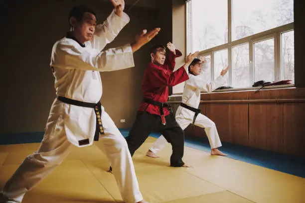 Sensei and two martial arts students in white keikogi with black belts training fight moves.