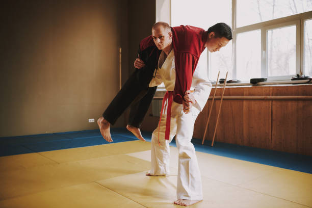istock Two martial arts students in white and red keikogi training together. 1291154441