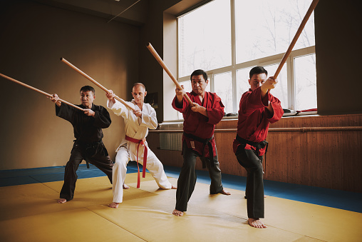 Martial arts fighters in different colors keikogi with black belts training with sticks.
