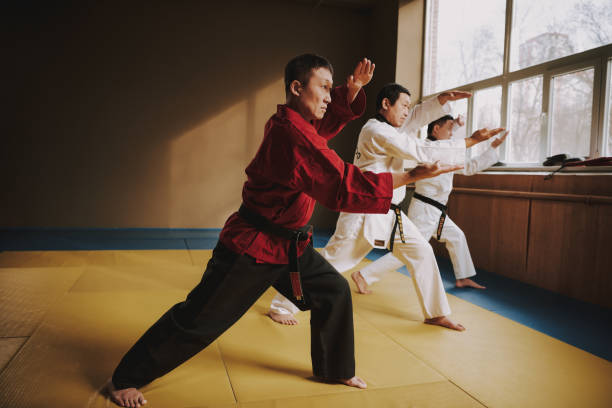 istock Sensei and two martial arts students doing stances together. 1291154627