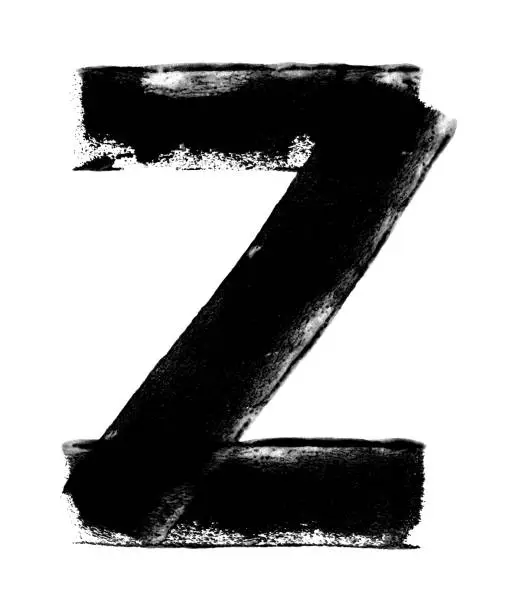 Vector illustration of Big letter Z - abstract shape painted by hand and paint roller on white paper background - art with unique natural imperfections - dots spots lines uneven smudges abrasions transparences and uneven edges stock illustration in grayscale