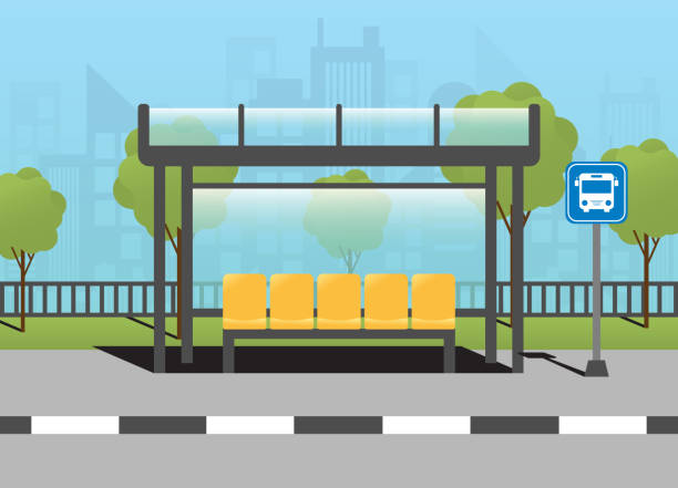 ilustraciones, imágenes clip art, dibujos animados e iconos de stock de parada de autobús con paisaje urbano en segundo plano con cartel - estación de autobús