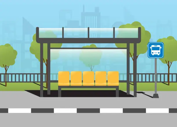 Vector illustration of Bus stop with cityscape in Background with sign