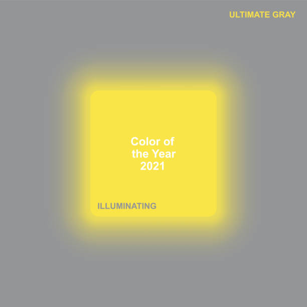 illustrazioni stock, clip art, cartoni animati e icone di tendenza di pulsante quadrato giallo illuminante incandescente su sfondo grigio finale - pantone 2021