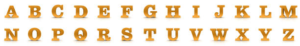 alphabet text capital letters golden signs 3d rendering a b c d e f g h i j k l m n o p q r s t u v w x y z - letter l letter p letter j letter m imagens e fotografias de stock