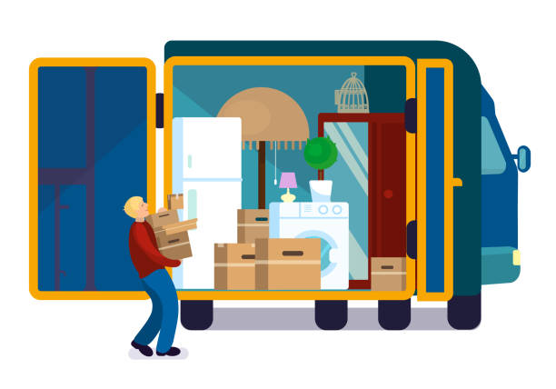 umzug - truck moving van moving house box stock-grafiken, -clipart, -cartoons und -symbole