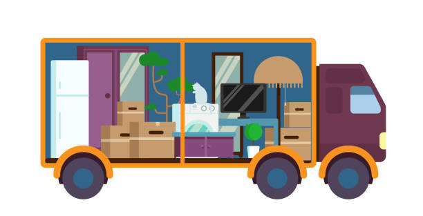 umzug - truck moving van moving house box stock-grafiken, -clipart, -cartoons und -symbole