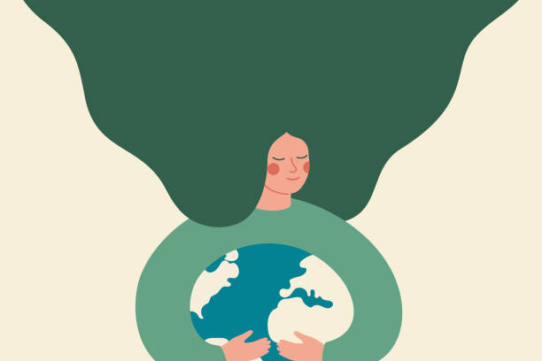 Young woman embraces green planet Earth with care and love. Green female activist support the Environment conservation and energy-saving concept. Young woman embraces green planet Earth with care and love. Green female activist support the Environment conservation and energy-saving concept. Vector illustration sustainable lifestyle illustrations stock illustrations
