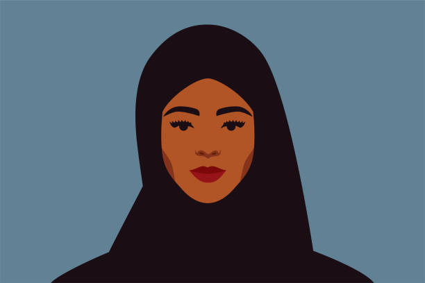 bildbanksillustrationer, clip art samt tecknat material och ikoner med stark arabisk kvinna med svart hijab ser direkt ut. självsäker ung muslimsk kvinna bär scarf porträtt framifrån på en blå bakgrund. - iranian girl