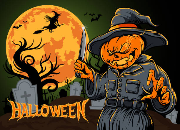 istock Halloween seamless pattern pumpkin scarecrow holding a knife with big moon 1291163641
