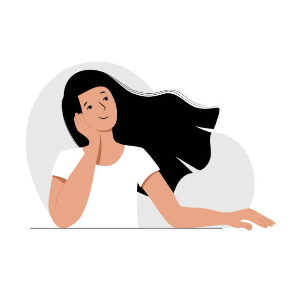 Young woman with long flowing hair sits with her cheek on her hand smiles. Concept character of daydreaming thinking good positive mood. Stock vector flat illustration isolated on white background Young woman with long flowing hair sits with her cheek on her hand smiles. Concept character of daydreaming thinking good positive mood. Stock vector flat illustration isolated on white background. clip art of daydreaming stock illustrations