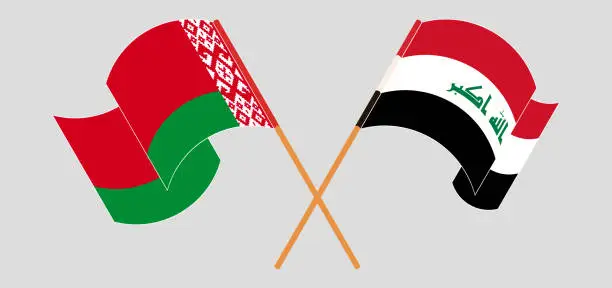 Vector illustration of Crossed and waving flags of Iraq and Belarus