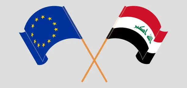 Vector illustration of Crossed and waving flags of the EU and Iraq
