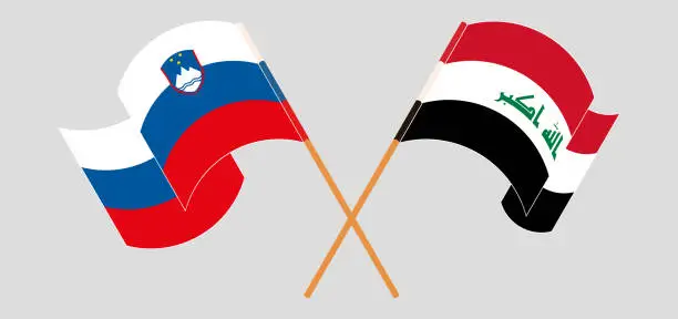 Vector illustration of Crossed and waving flags of Slovenia and Iraq