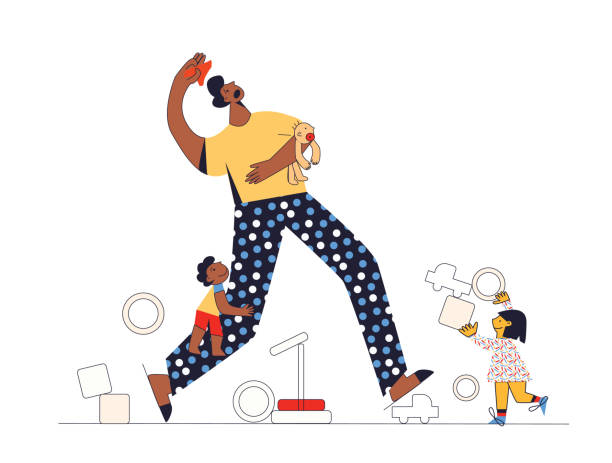 istock Difficult and frustrated parenting  Multicultural family  adoptive father and children  Flat vector illustration 1291164563