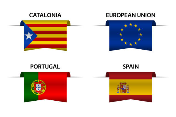 ilustrações de stock, clip art, desenhos animados e ícones de set of four catalonia, european union, portuguese and spanish ribbons. made in catalonia, made in european union, made in portugal and made in spain stickers and labels. vector simple icons with flags - portugal spain