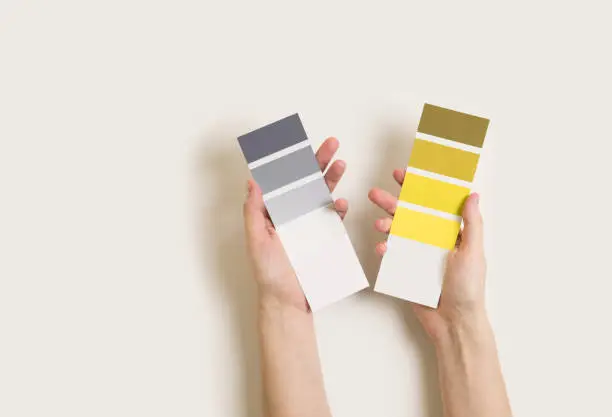 Photo of Women's hands hold swatches of the trendy colors  - yellow and gray. Selection of colors for design of clothes, interiors, websites and publications. Flat lay. Copyspace. Top view.