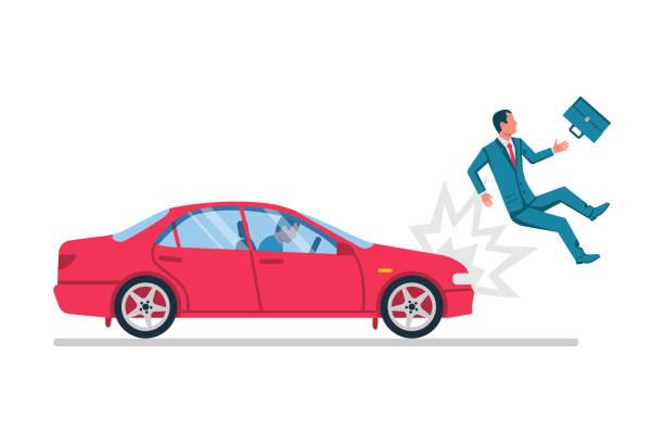 Car knocks down a person. Accident, insured event. Car knocks down a person. Accident, insured event. Car and pedestrian. Vector illustration flat design. Isolated on white background. car crash accident cartoon stock illustrations