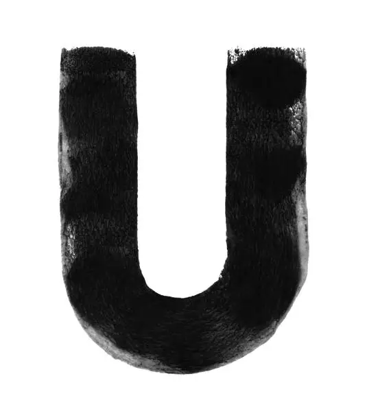 Vector illustration of Big U alphabet letter isolated on white paper background - abstract vector illustration painted slowly and carefully by one bent line - uneven imperfect irregular bad painted sign stock illustration with visible imperfection and bad paint dilution