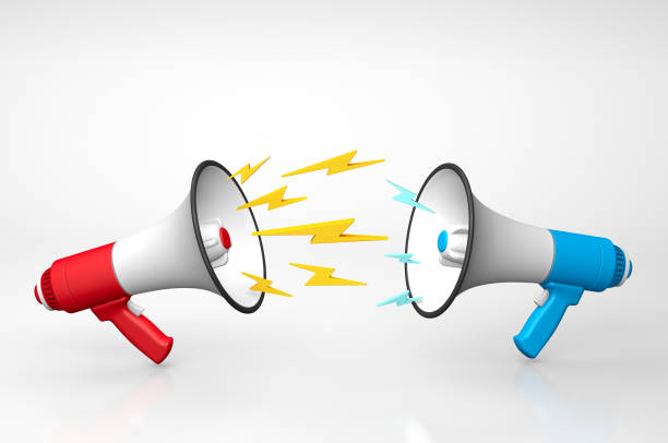 istock Two megaphones shout at each other. Conflict and discussion. 3d render 1291169148