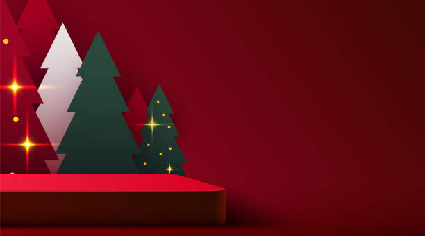 istock Mock up scene. Podium shape for show cosmetic product display. stage pedestal or platform. Winter Christmas red background with tree xmas. 1291169943
