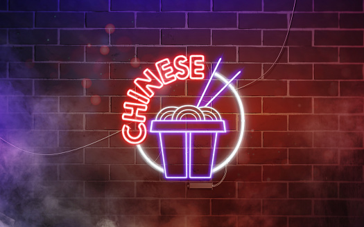 Neon chinese food sign dark brick wall, electric font mockup, 3d rendering. Led red lighting signage for asian restaurant. Ultraviolet typeface with bowl and chopstick for culture cafe template.