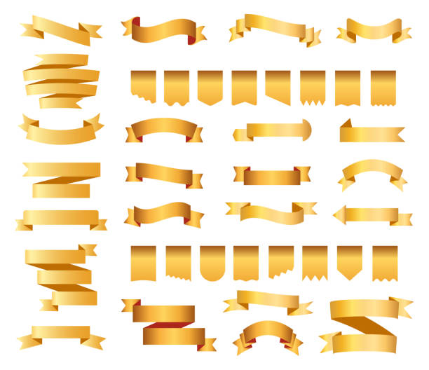 istock Golden ribbons, pennant flag set vector. Colorful labels, price tags, banners for bookmark, vintage ribbon, retro strap, band isolated set of vector 1291170637