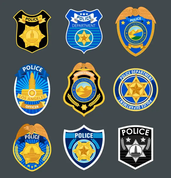 Vector illustration of Police badges set vector. Sheriff, marshal label illustrations. Law enforcement emblems for national days. Ranger, policeman medallions.