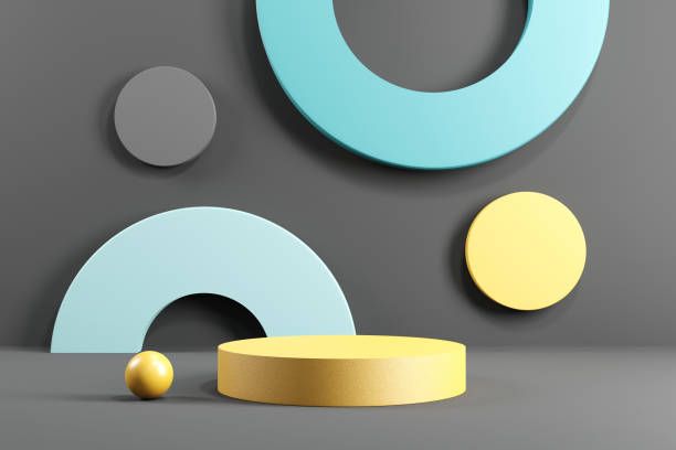istock Abstract minimal scene with geometric forms. Cylinder podium stage in yellow and grey backgrounds. for show product presentation 2021. 1291172455