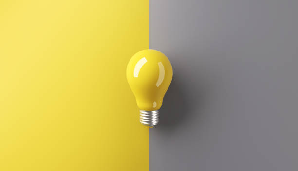 Ideas concepts, Creativity inspiration, White Lightbulb on grey and yellow background.