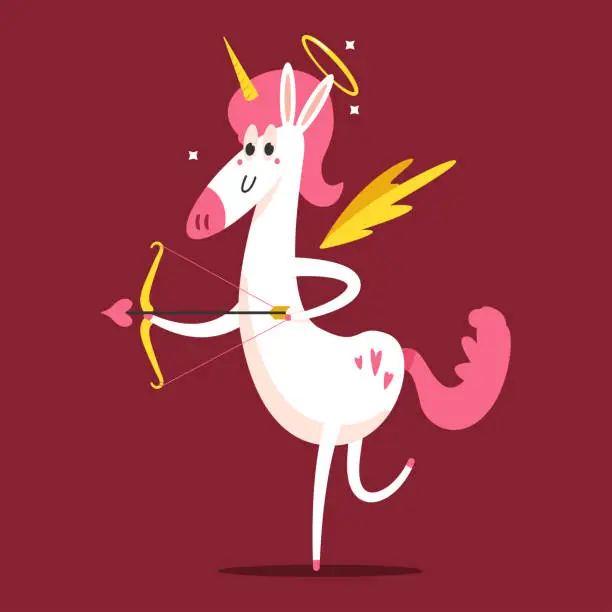 Vector illustration of Cute unicorn cupid with bow and arrow vector cartoon character isolated on background.